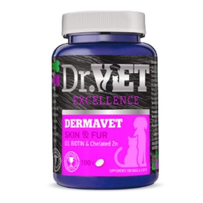Дермавет Dr.Vet Dermavet Skin & Fur вітамінно-мінеральна добавка для шерсті, шкіри собак і котів, 100 таблеток (03-110821) 6698 фото