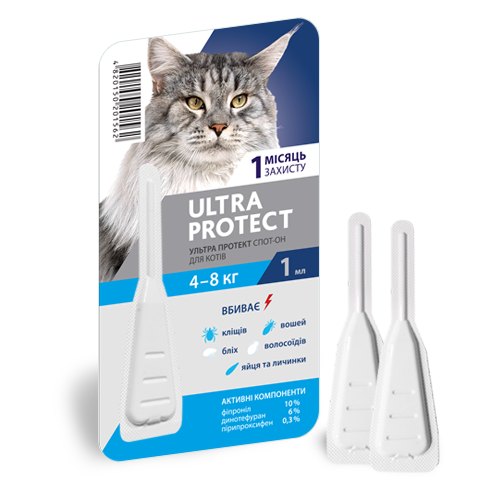 Ультра Протект для кішок від 4 до 8 кг Ultra Protect краплі від бліх і кліщів, 1 піпетка 1139 фото