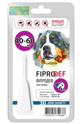 Фіпродеф Fiprodef краплі від бліх, кліщів волосоїдів вошей для собак вагою від 40 до 60 кг, 1 піпетка х 6 мл 4119 фото