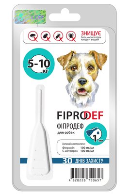 Фіпродеф Fiprodef краплі від бліх, кліщів волосоїдів вошей для собак вагою від 5 до 10 кг, 1 піпетка х 1 мл 4115 фото