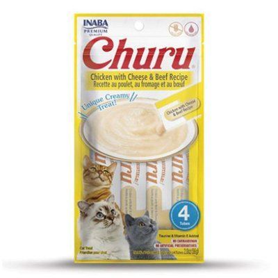 Ласощі INABA "Churu" для котів, вершковий мус в стіках, курка з сиром / яловичина 4*14 гр EU119 фото