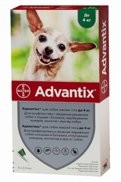 Адвантикс для собак до 4 кг Advantix капли от блох и клещей, 1 пипетка 702 фото