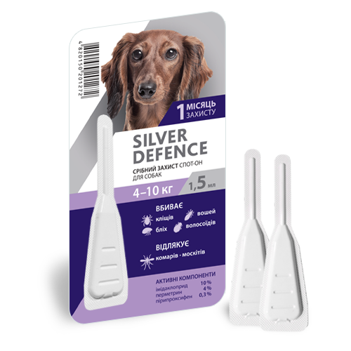 Серебряная Защита для собак 4 - 10 кг Silver Defence капли на холку от блох, клещей, 1 пипетка 762 фото