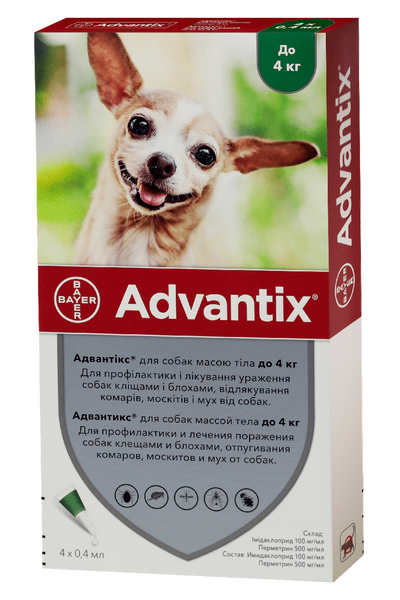 Адвантикс для собак до 4 кг Advantix капли от блох и клещей, 4 пипетки 899 фото