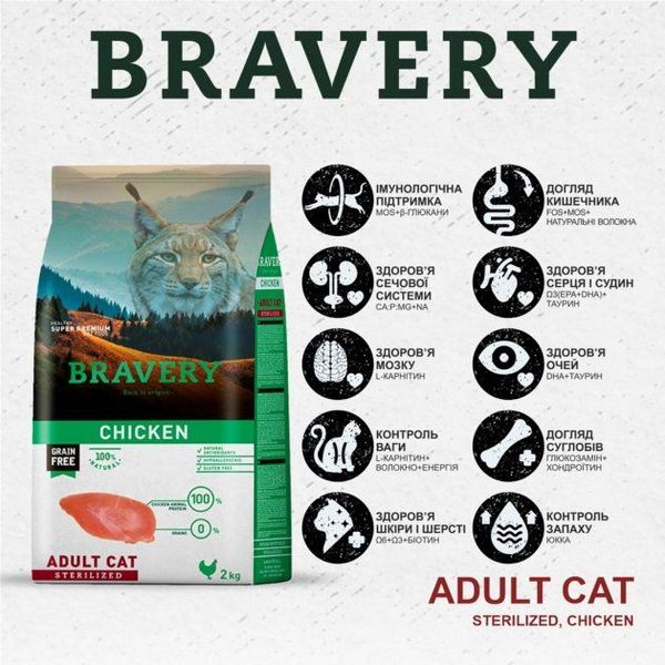 Бравери Bravery Chicken Sterilized сухой корм с курицей для стерилизованных кошек и кастрированных котов, 2 кг (7678) 6550 фото